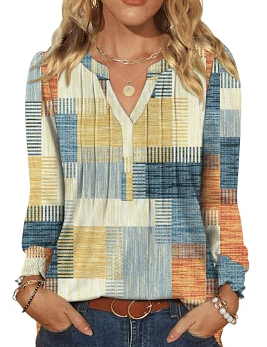 Rapbin Damen Bluse Langarmshirt V Ausschnitt Oberteile Elegant Pullover Lässige Blusenshirt Casual Shirt Herbst Tunika Bluse Tops Bunt kariert S von Rapbin