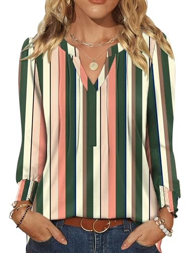 Rapbin Damen Bluse Langarmshirt V Ausschnitt Oberteile Elegant Pullover Lässige Blusenshirt Casual Shirt Herbst Tunika Bluse Tops Rosa Grün gestreift M von Rapbin
