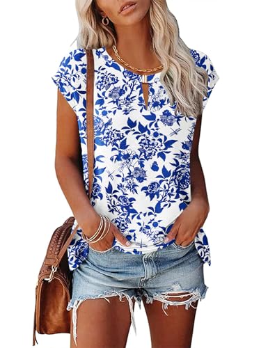 Rapbin Damen Bluse Oberteile Sommer Flügelärmel Top V-Ausschnitt T-Shirt Elegant Casual Shirt Bluse Tank Tops Weiß mit blauem Blumenmuster XXL von Rapbin
