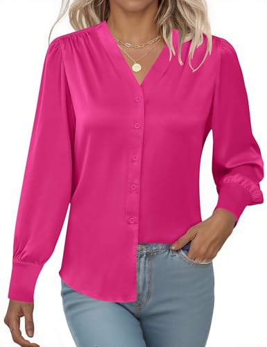 Rapbin Damen Bluse Satin Hemdbluse Ärmel Lose Fit Basic Shirt Business Blusen mit Knopleiste V-Ausschnitt Blusenshirt Rosérot von Rapbin
