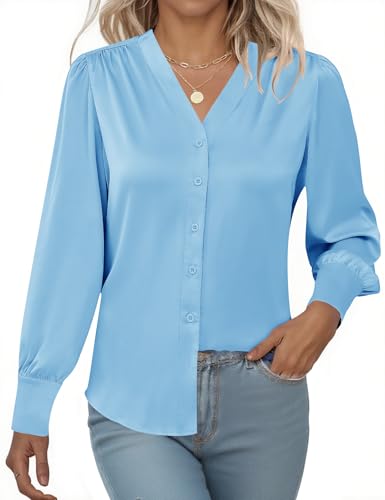 Rapbin Damen Bluse Satin Seide V-Ausschnitt Hemden Elegant Langarm Business Oberteile Lose Langarmshirt mit Knöpfen Blau von Rapbin