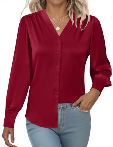 Rapbin Damen Bluse Satin Sommer Hemdbluse Lose Fit Basic Shirt Business Blusen mit Knopleiste V-Ausschnitt Blusenshirt Rot von Rapbin