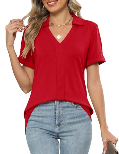 Rapbin Damen Bluse Sommer Kurzarm V-Ausschnitt Oberteile Elegant Business Hemdbluse Baumwolle Lässig Frauen Tunika Polo Shirt Blusen mit Reverskragen 2025(Rot,XL) von Rapbin