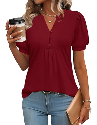 Rapbin Damen Bluse V-Ausschnitt Kurzarm Mit Knopfleiste Tunika T-Shirt Sommer Elegant Casual Oberteil Rot XL von Rapbin