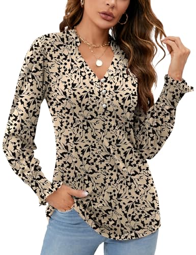 Rapbin Damen Blusen V-Ausschnitt Knopfleiste T-Shirt Langarm Tunika Tops Elegant Rüschenärmel Oberteile Aprikose Schwarz Blumen XL von Rapbin