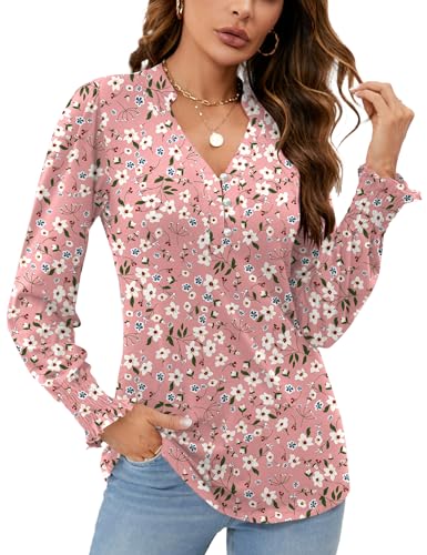 Rapbin Damen Blusen V-Ausschnitt Knopfleiste T-Shirt Langarm Tunika Tops Elegant Rüschenärmel Oberteile Rosa Weiß Blumen XXL von Rapbin