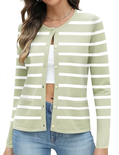 Rapbin Damen Cardigan Kurz Leichte Elegant Strickjacke Langarm Tops Rundhals Pullover Gestreift Strickcardigan Herbst (L,Weißgrüne Streifen) von Rapbin
