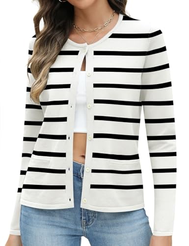 Rapbin Damen Cardigan Kurz Leichte Elegant Strickjacke Langarm Tops Rundhals Pullover Strickcardigan Herbst (L,Weiße Streifen) von Rapbin