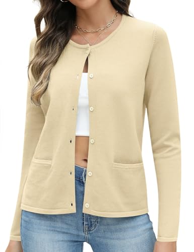Rapbin Damen Cardigan Kurz Leichte Elegant Strickjacke Langarm Tops Rundhals Pullover Strickcardigan mit Tasche Herbst (M,Aprikose) von Rapbin