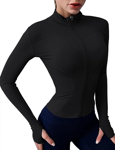 Rapbin Damen Langarm Gym Tops Laufjacke Sportjacke Leicht Yoga Fitness Slim Fit Sportshirt Atmungsaktive Reißverschluss Trainingsjacke mit Daumenlöchern Stil 2-Schwarz L von Rapbin