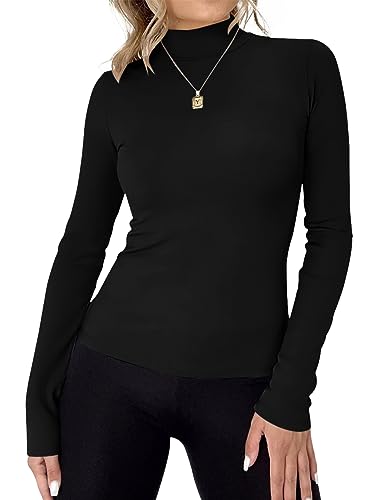 Rapbin Damen Langarm-Rollkragen-Top, Strick, Basic, Stretch, taillierter Pullover, leichte Thermo-Shirts, Schwarz, Groß von Rapbin