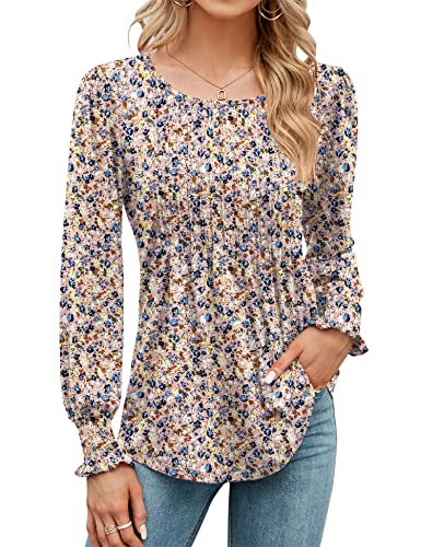 Rapbin Damen Langarm Shirt Herbst Tops Bubble Tunika Oberteil Plissee T-Shirt mit Rundhals Lässig Hemd mit Rüschenmanschetten Rosa Aufdruck XL von Rapbin