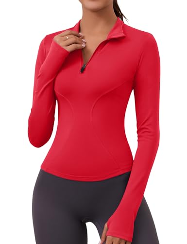 Rapbin Damen Langarm Sportshirt Gym Top Sport Langarmshirt Yoga Tops Laufshirt Langarm Running Top mit Half Reißverschluss und Daumenloch Rot XL von Rapbin