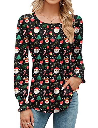 Rapbin Damen Langarmshirt Rundhals Top Puff Langarm T-Shirt Plissee Weihnachtsdruck Tunika Oberteile mit Gefaltete Rüschenmanschetten Weihnachten Schwarz L von Rapbin