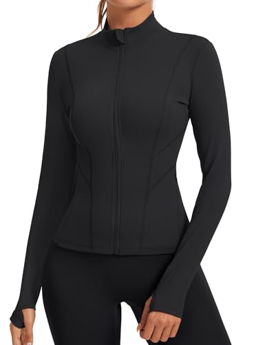 Rapbin Damen Laufjacke Sport Oberteil Sportjacke Langarm Gym Tops Atmungsaktive Leichte Trainingsjacke für Yoga Gym Fitness Mit Daumenloch und Seitlichem Reißverschluss（Schwarz，L） von Rapbin