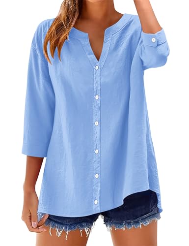 Rapbin Damen Leinenhemd Sommer Blusenshirt aus Musselin Baumwolle Elegant V-Neck Casual Oberteil(Himmelblau,XXL) von Rapbin