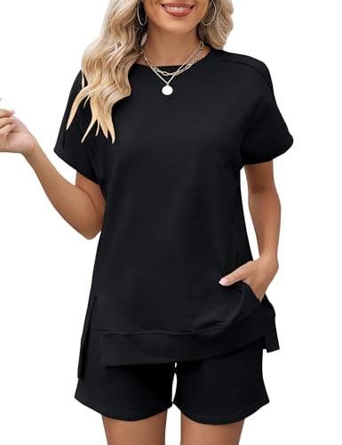 Rapbin Schlafanzug Damen Kurz Baumwolle Pyjama Set Sommer 2025 Rundhalsausschnitt Loungewear Hausanzug mit Taschen Schwarz von Rapbin
