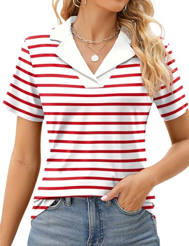 Rapbin Damen Polo Shirt Casual Kurzarm Basic Polohemd Slim Fit Oberteil Elegante Sommer Tops Classic Bluse（Rote Streifen，XL von Rapbin
