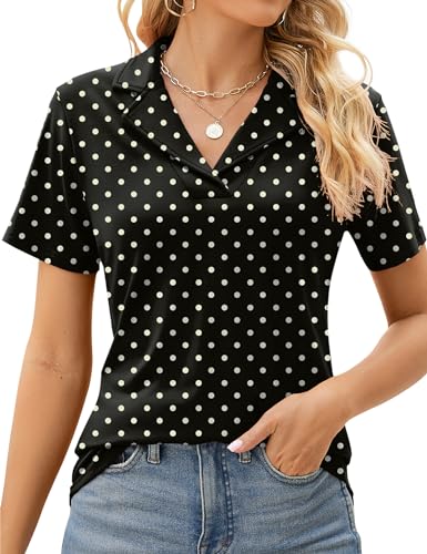 Rapbin Damen Polo Shirt Casual Kurzarm Classic Bluse Basic Polohemd Slim Fit Oberteil Elegante Sommer Tops（Black Polka Dots，XXL von Rapbin