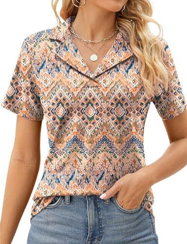 Rapbin Damen Polo Shirt Casual Kurzarm Classic Bluse Basic Polohemd Slim Fit Oberteil Elegante Sommer Tops（Böhmen，L von Rapbin