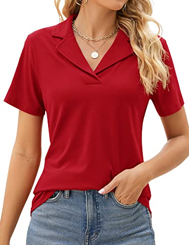 Rapbin Damen Polo Shirt Kurzarm Classic Retro Bluse Damen Basic Polohemd Casual Business Elegante Sommer Tops（Red，S von Rapbin