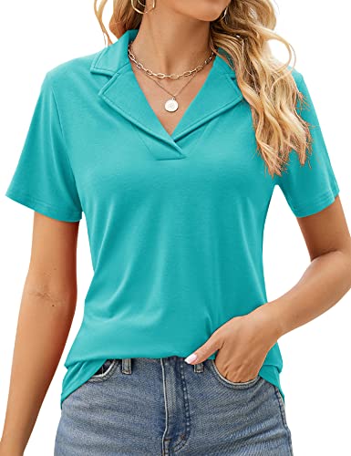 Rapbin Damen Poloshirts Revers Kragen V Ausschnitt Kurzarm Bluse Elegant Casual Tunika Tops, Aqua, Klein von Rapbin