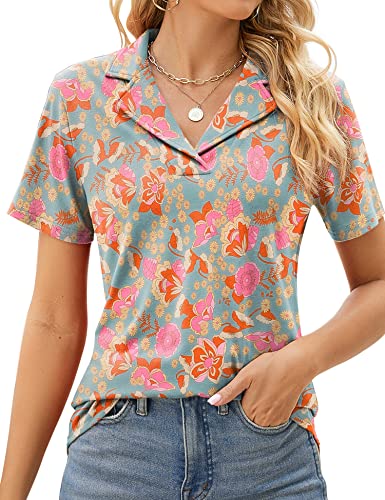 Rapbin Damen Poloshirts Revers Kragen V Ausschnitt Kurzarm Bluse Elegant Casual Tunika Tops, Blau / Orange mit Blumenmuster, Mittel von Rapbin