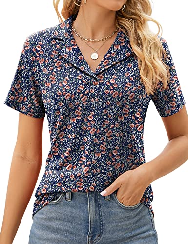 Rapbin Damen Poloshirts Revers Kragen V Ausschnitt Kurzarm Bluse Elegant Casual Tunika Tops, Blau-braunes Blumenmuster, Groß von Rapbin