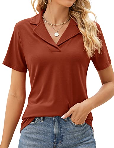 Rapbin Damen Poloshirts Revers Kragen V Ausschnitt Kurzarm Bluse Elegant Casual Tunika Tops, Caramel, Klein von Rapbin