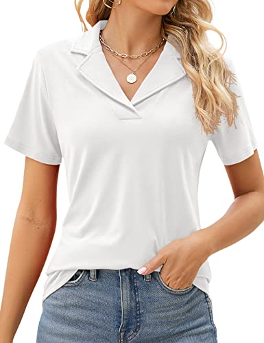 Rapbin Damen Poloshirts Revers Kragen V Ausschnitt Kurzarm Bluse Elegant Casual Tunika Tops, Cremeweiß, X-Groß von Rapbin