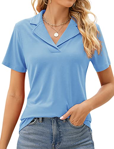 Rapbin Damen Poloshirts Revers Kragen V Ausschnitt Kurzarm Bluse Elegant Casual Tunika Tops, Hell, blau, Groß von Rapbin