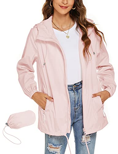 Rapbin Damen Regenjacke Leicht Wasserdicht Atmungsaktiv Sommer Jacken Windjacke Faltbare Dünne Regenmantel Sportjacke(Rosa,XL) von Rapbin