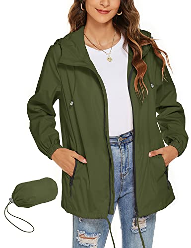 Rapbin Damen Regenjacke Leicht Wasserdicht Regenmantel Jacke Packbar Faltbare Dünne Outdoorjacke Windbreaker(Armee Grün,XL) von Rapbin
