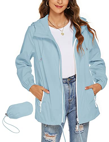 Rapbin Damen Regenjacke Wasserdicht Atmungsaktiv Outdoorjacke Packbar Faltbare Dünne Regenmantel Windbreaker(Hellblau,L) von Rapbin