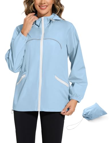 Rapbin Damen Regenjacke Wasserdicht Reflektierend Leichte Packbar Reisen Fahrrad Winddicht Softshelljacke（Hellblau，L von Rapbin