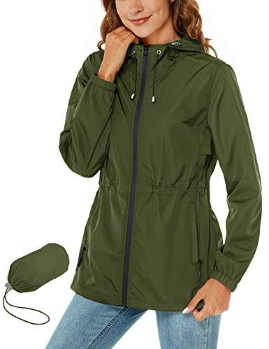 Rapbin Damen Regenjacke Wasserdicht Windbreaker Atmungsaktiv Packbare Regenmantel mit Kapuze ​Windjacke Outdoor Wandern Regenjacken Armeegrün XL von Rapbin