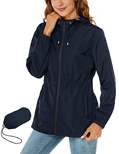 Rapbin Damen Regenjacke Wasserdicht Windbreaker Atmungsaktiv Packbare Regenmantel mit Kapuze ​Windjacke Outdoor Wandern Regenjacken Navy Blau XL von Rapbin