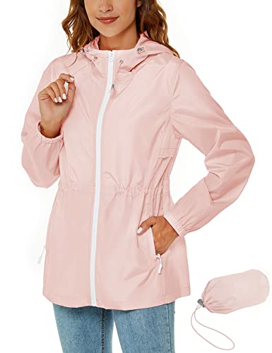 Rapbin Damen Regenjacke Wasserdicht Windbreaker Atmungsaktiv Packbare Regenmantel mit Kapuze ​Windjacke Outdoor Wandern Regenjacken Rosa XL von Rapbin