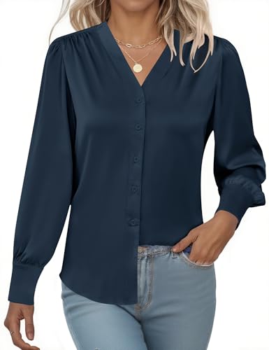 Rapbin Damen Satin Bluse V-Ausschnitt Causal Satinblusen Lässige Elegant Seidenbluse Oberteil Langarmshirt Shirts Marineblau von Rapbin