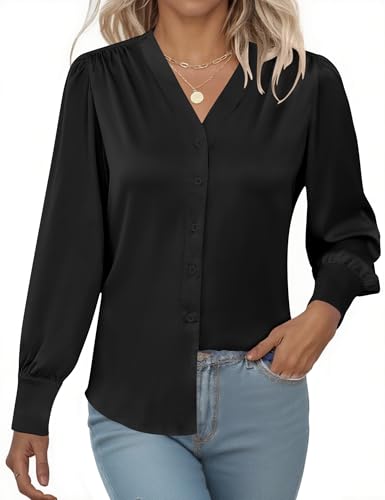 Rapbin Damen Satin Bluse V-Ausschnitt Langarm Blusenshirt Elegant Business Button-Down Hemden Lose Langarmshirt Schwarz von Rapbin