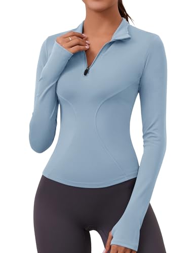 Rapbin Damen Sportshirt Langarm Gym Top Langarmshirt Damen Sport T-Shirt Oberteil mit Halbem Reißverschluss und Daumenloch Blau S Rapbin Damen Sportshirt Langarm Gym Top Langarmshirt Damen Sport T-Shirt Oberteil mit Halbem Reißverschluss und Daumenloch Blau S von Rapbin