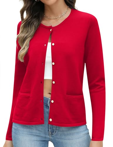 Rapbin Damen Strickjacke Kurz Elegant Langarm Tops Rundhals Pullover Sommer Cardigan Damen Leicht Mode Oberbekleidung 2025 (XL,Rot) von Rapbin