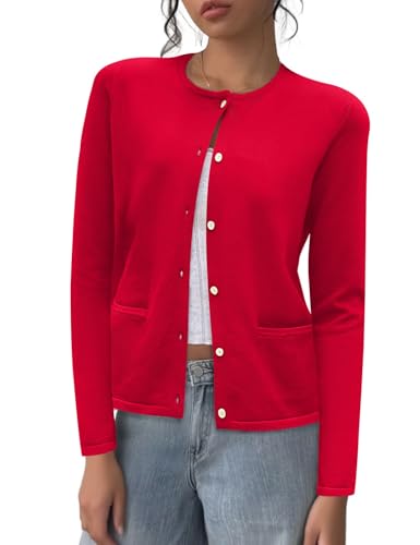 Rapbin Damen Strickjacke Kurz Elegant Langarm Tops Rundhals Pullover Sommer Cardigan Damen Leicht Mode Oberbekleidung 2025 (XXL,Rot) von Rapbin