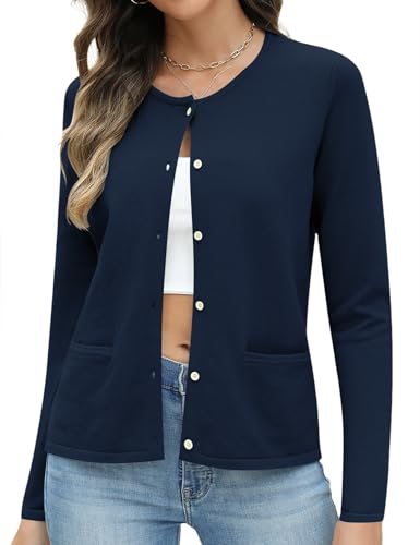 Rapbin Damen Strickjacke Kurz Elegant Langarm Tops Rundhals Pullover Sommer Cardigan Damen Leicht Oberbekleidung 2025 (S,Marineblauz) von Rapbin
