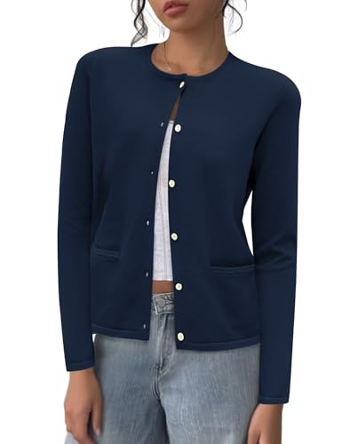 Rapbin Damen Strickjacke Kurz Elegant Langarm Tops Rundhals Pullover Sommer Cardigan Damen Leicht Oberbekleidung 2025 (XXL,Marineblauz) von Rapbin
