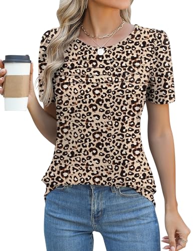 Rapbin Damen T-Shirt Sommer Kurzarm Elegant Rundhals Mit Falten Oberteil Locker Frauen Puffärmel Blumen Tops Lässig Basic Tunika Blusentop 2025(Aprikosen Leopard,S) von Rapbin