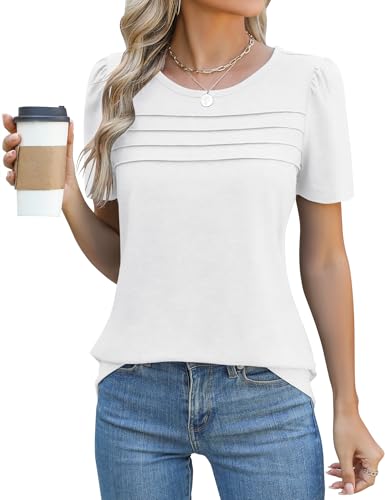 Rapbin Damen T-Shirt Sommer Kurzarm Elegant Rundhals Mit Falten Oberteil Locker Frauen Puffärmel Blumen Tops Lässig Basic Tunika Blusentop 2025(Weiß,M) von Rapbin