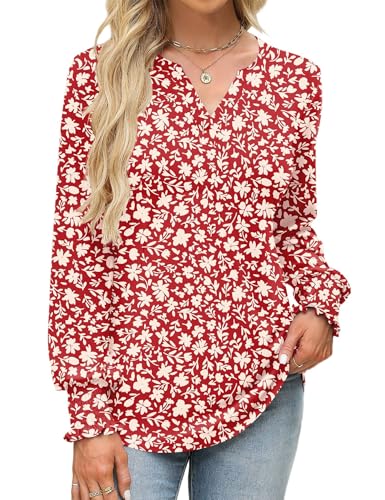Rapbin Damen Top Langarm Elegant Bluse Locker V-Ausschnitt Basic Oberteile Shirt Casual Herbst Tunika (L,Rote Aprikose Blumen) von Rapbin