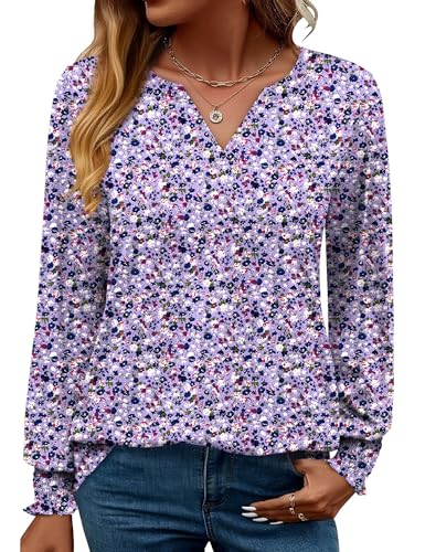 Rapbin Damen Top Langarm Elegant Bluse Locker V-Ausschnitt Basic Oberteile Shirt Casual Herbst Tunika (M,Lila und Weiß Blumen) von Rapbin