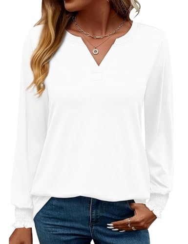 Rapbin Damen Tops Langarm Elegant Locker V-Ausschnitt Damenbluse Oberteile T Shirt Casual Herbst Tunika (L,Weiß) von Rapbin